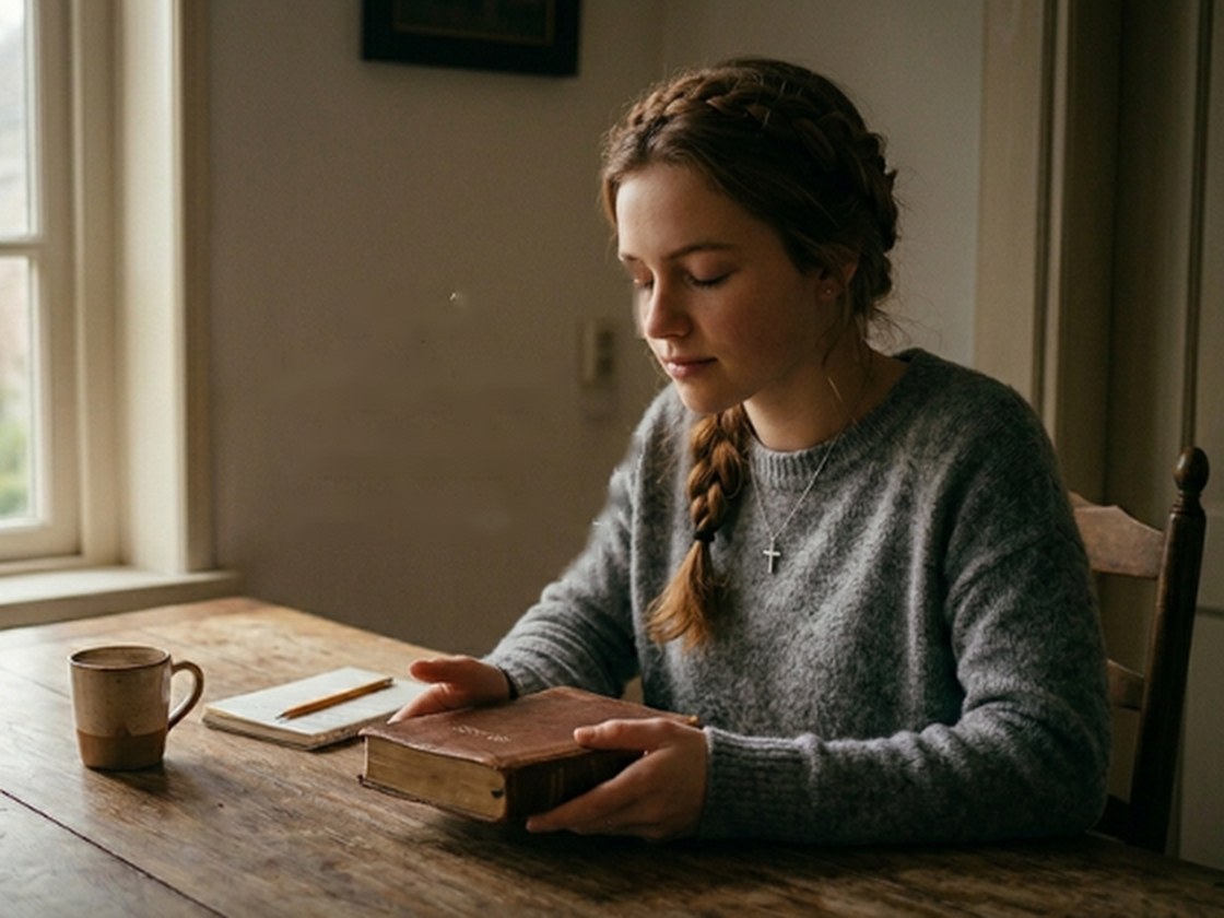 Someone reading quietly at a table